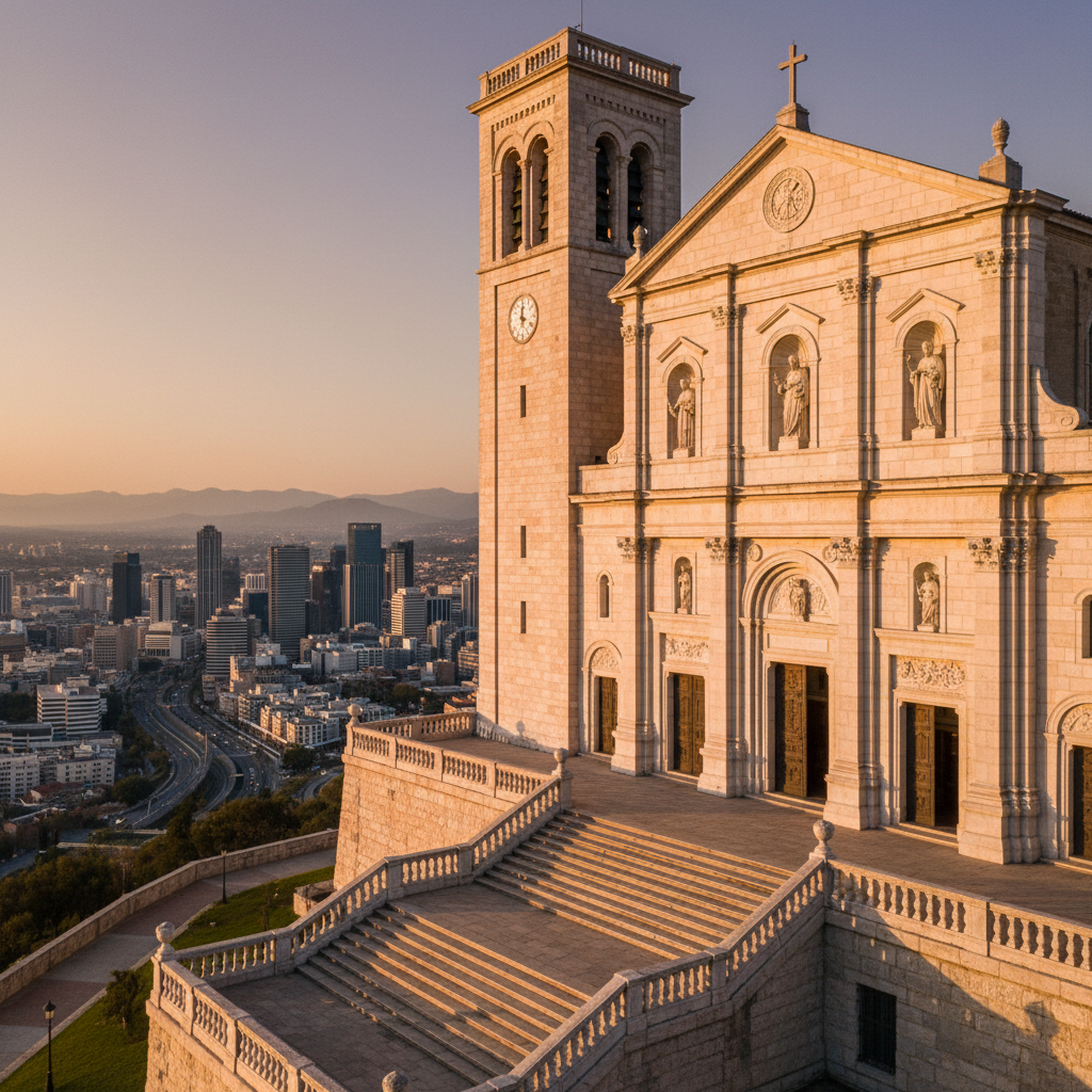 A photographic exterior of a historic hilltop basilica overlooking a modern city, built in pale limestone with a tall bell tower, statues in architectural niches, and a broad stone stairway leading up. The late afternoon golden hour light bathes the façade, casting long, gentle shadows that emphasize carved details and weathered textures. Below, the cityscape and distant mountains blur softly, giving a sense of global travel and pilgrimage. Captured from a slightly low angle at the base of the stairs, using the rule of thirds to place the church off-center. The mood is aspirational and inviting, highlighting the church as a destination for Catholic travelers seeking beauty, history, and prayerful spaces.