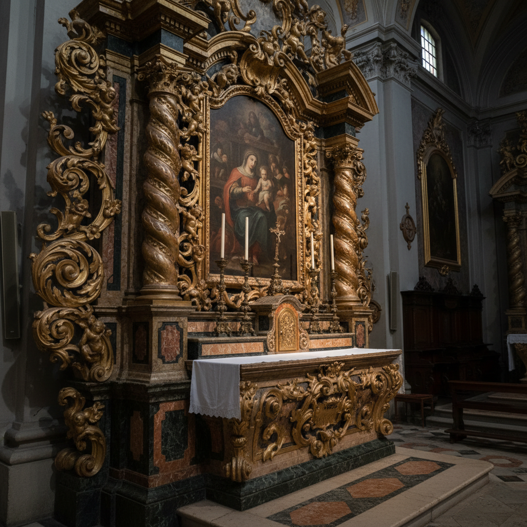 A photographic detail shot of an ornate baroque side altar in an Italian Catholic church, richly decorated with swirling gilded carvings, marble inlays of deep green and red, and a central oil painting framed by twisted columns. Tall candles stand in polished bronze holders, their soft glow interacting with overhead ambient light to create warm highlights on gold leaf and cool shadows in the carved recesses. Shot from a slightly angled perspective with a medium depth of field, the intricate textures of the gilding and stone are razor sharp while the surrounding church interior softens into the background. The atmosphere feels historically rich and reverent, ideal for illustrating Catholic art and architecture during travel.