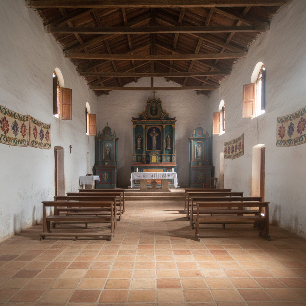 A panoramic photographic interior of a modest village Catholic church in Latin America, with whitewashed walls, exposed wooden ceiling beams, and hand-carved wooden altars painted in vibrant but slightly worn colors. The floor is made of uneven terracotta tiles, and simple benches replace ornate pews. Soft, diffused daylight enters through small open windows, creating gentle streaks of light and airy shadows. Colorful devotional banners and traditional local motifs subtly decorate the sanctuary. Captured from a slightly elevated angle near the entrance, showing the full length of the nave and sanctuary with crisp clarity. The atmosphere feels humble, authentic, and warmly welcoming, reflecting the diversity of global Catholic travel experiences.