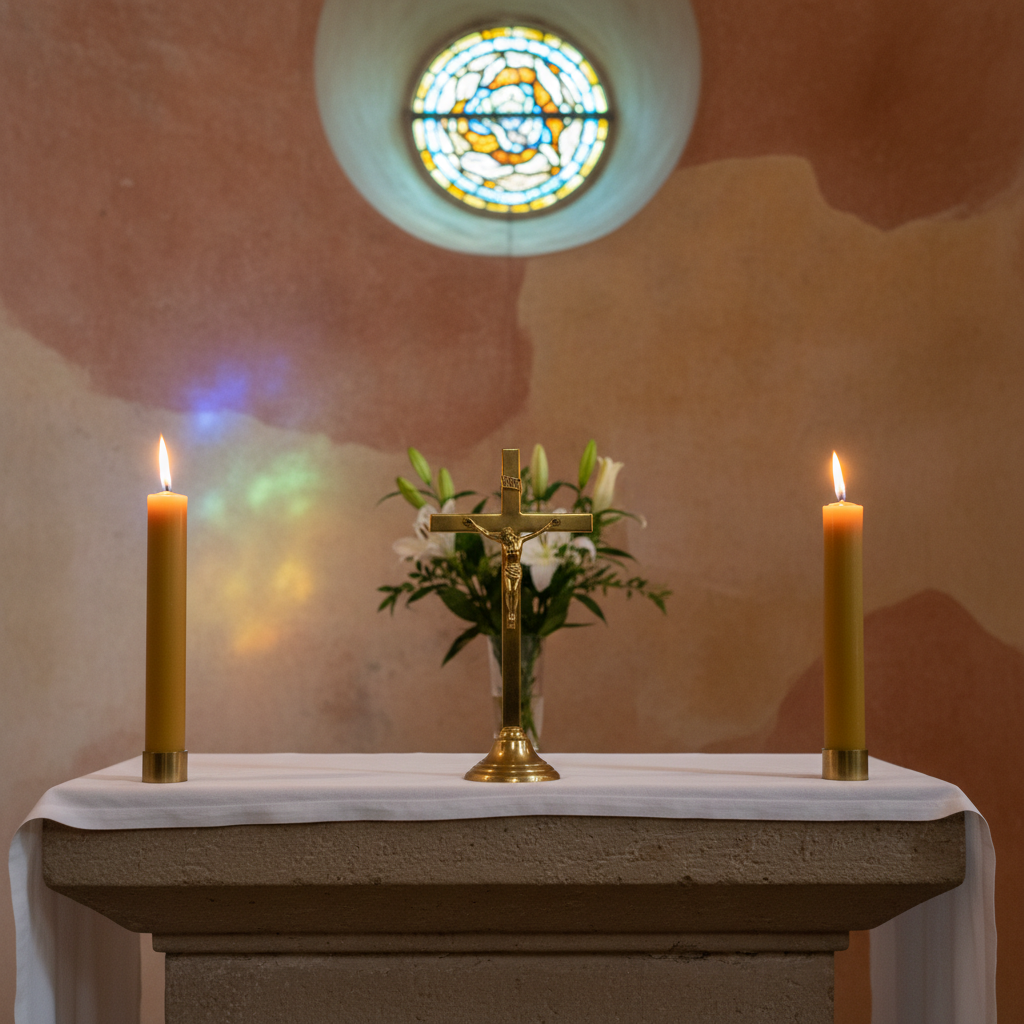 A close-up photographic view of a small side chapel in a Catholic church, featuring a simple stone altar with a white linen cloth, a polished brass crucifix, and two tall beeswax candles. The altar stands against a softly curved apse wall painted in muted earth tones, with a single stained-glass window above casting diffused, colored light onto the stone. Fresh flowers in a plain glass vase add a quiet touch of life. Shot at eye level with a shallow depth of field, the crucifix and flickering candle flames are in sharp focus while the background gently blurs. The mood is intimate, devotional, and serene, emphasizing the quiet corners discovered during Catholic travel.
