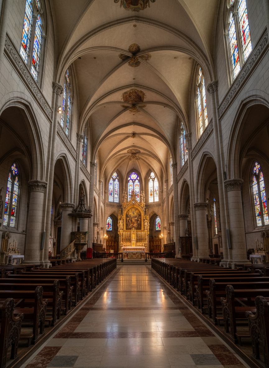 A wide-angle photographic view of the interior of a grand European Catholic cathedral, focusing on the long central nave leading toward an illuminated high altar. Polished stone floors reflect rows of dark wooden pews and the intricate ribbed vaulting overhead. Stained-glass windows along both sides filter in soft morning light, painting subtle patches of color on pillars and aisles. The sanctuary glows warmly with candles and discreet spotlights around the tabernacle. Shot from eye level, centered on the aisle for strong symmetry and depth. The atmosphere feels reverent, peaceful, and contemplative, with crisp detail throughout and a realistic, documentary travel-photography style suitable for a Catholic travel journal.