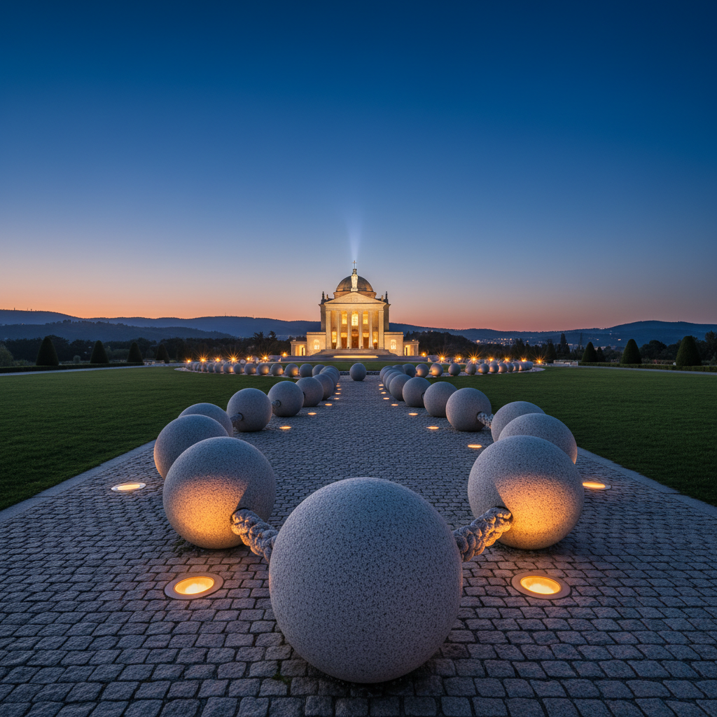 A twilight photographic scene of a famous Catholic pilgrimage site, featuring a large outdoor stone rosary path curving gently toward a distant illuminated shrine. Low ground lights trace the path, casting soft, elongated shadows across the smooth stones and carefully manicured grass. In the background, the shrine building glows with warm light against a deep blue evening sky, while distant hills fade into soft silhouettes. Captured from a low angle near the foreground rosary beads, creating strong depth and leading lines that draw the eye toward the shrine. The mood is contemplative and quietly awe-inspiring, evoking the experience of visiting sacred places around the world after sunset.