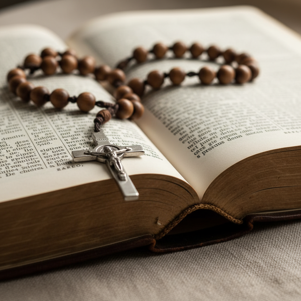 Close-up of a wooden rosary with silver crucifix resting on the open pages of a Catholic Bible
