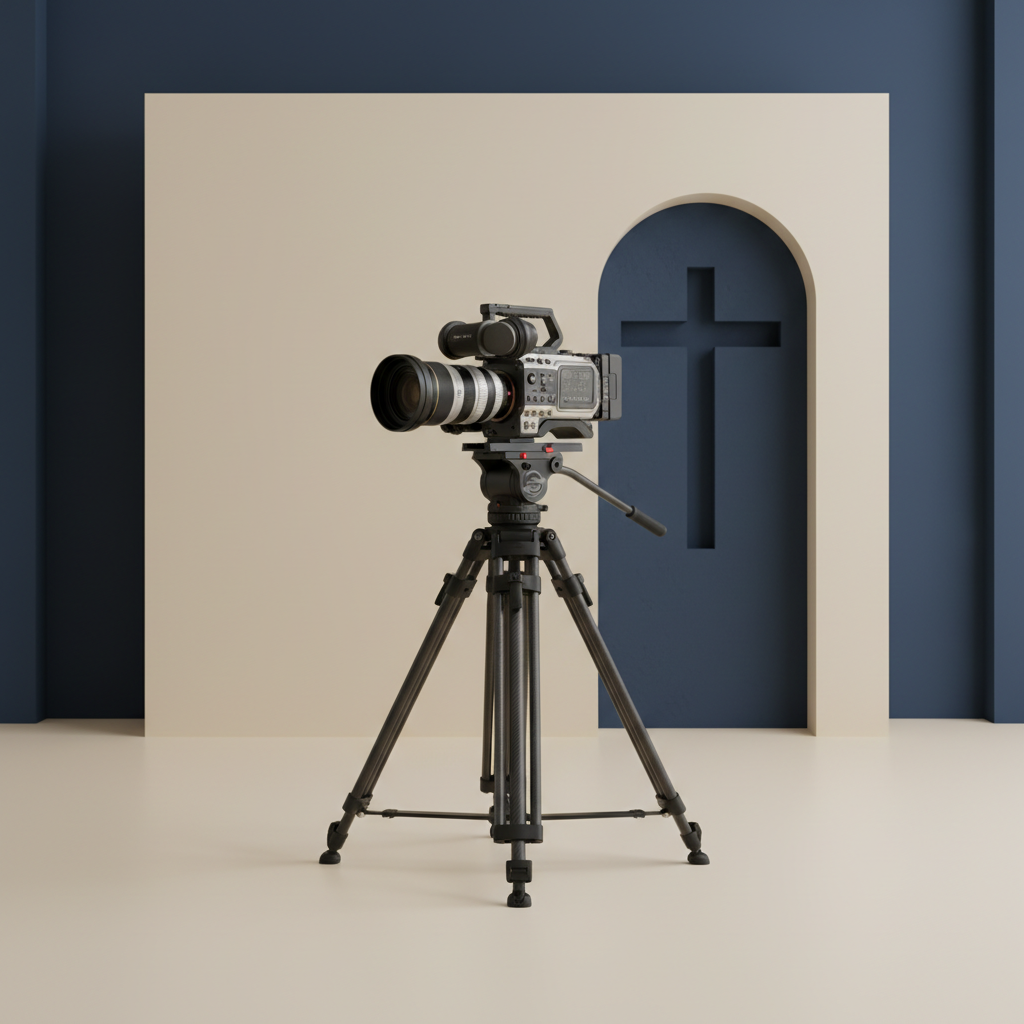 A professional video camera on a tripod