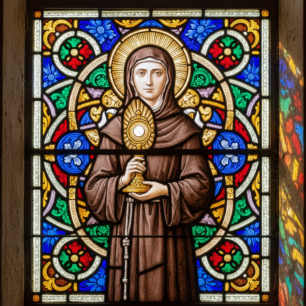 Close-up of a medieval Catholic stained glass window featuring Saint Clare of Assisi in her brown Franciscan habit, holding a monstrance. Surrounded by jewel-toned glass in deep blues, reds, and golds with light streaming through.