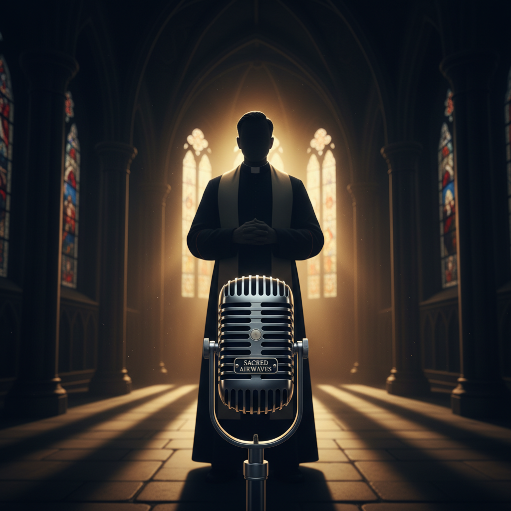 Vintage broadcast microphone in the foreground with a dark silhouette of a Catholic priest in vestments behind it, dramatic backlighting, dark navy and gold tones, moody and reverent atmosphere
